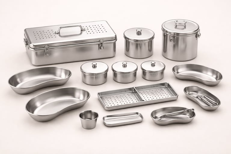 Stainless steel hollowware including trays, bowls, and instrument boxes on a white background.