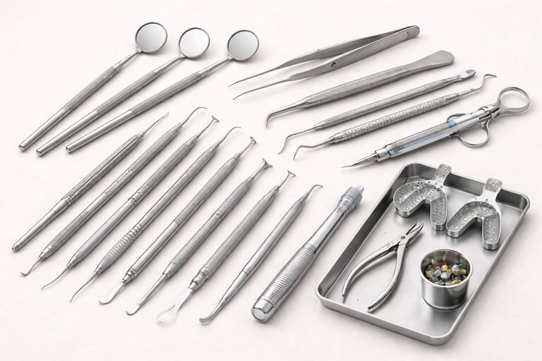 Dental instruments including probes, forceps, and hand tools on a white background.