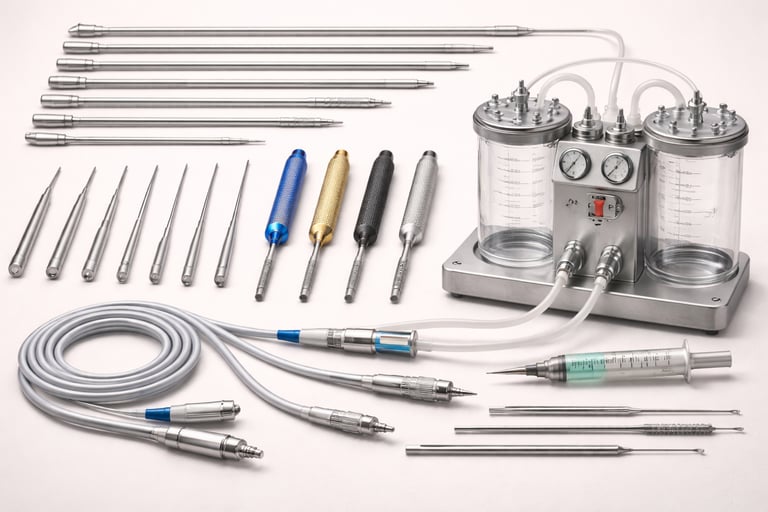 Liposuction tools like cannulas and handpieces on a white background.