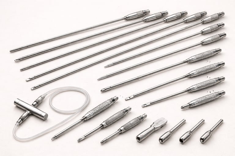 Liposuction cannulas and handles on a white background.