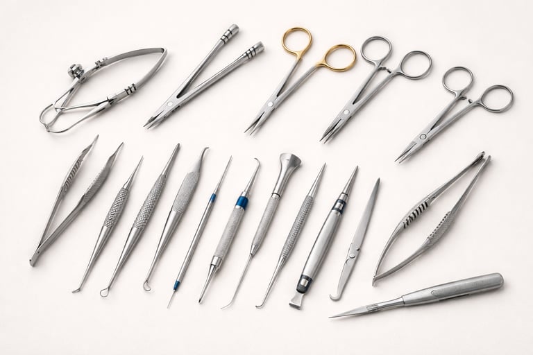 Ophthalmic instruments like scissors, forceps, and needle holders on a white background.
