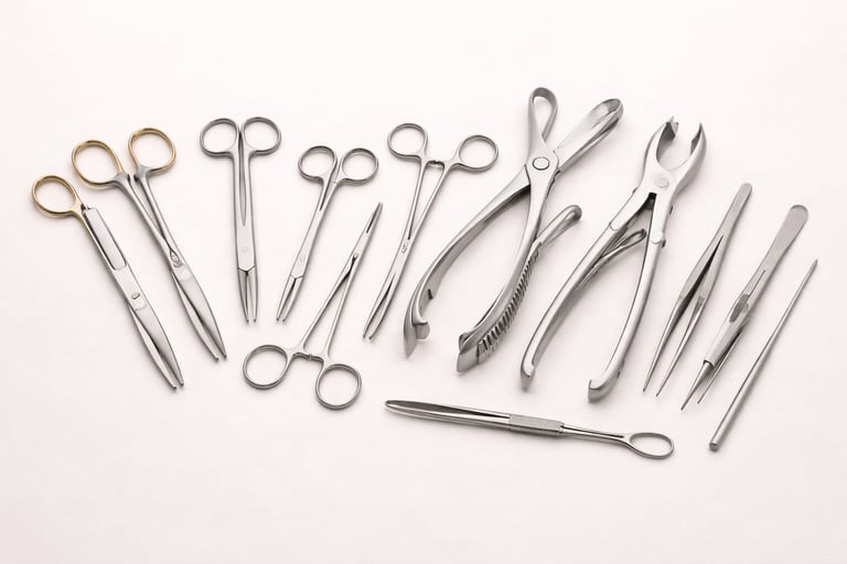 Veterinary instruments including scissors, forceps, and pliers on a white background.