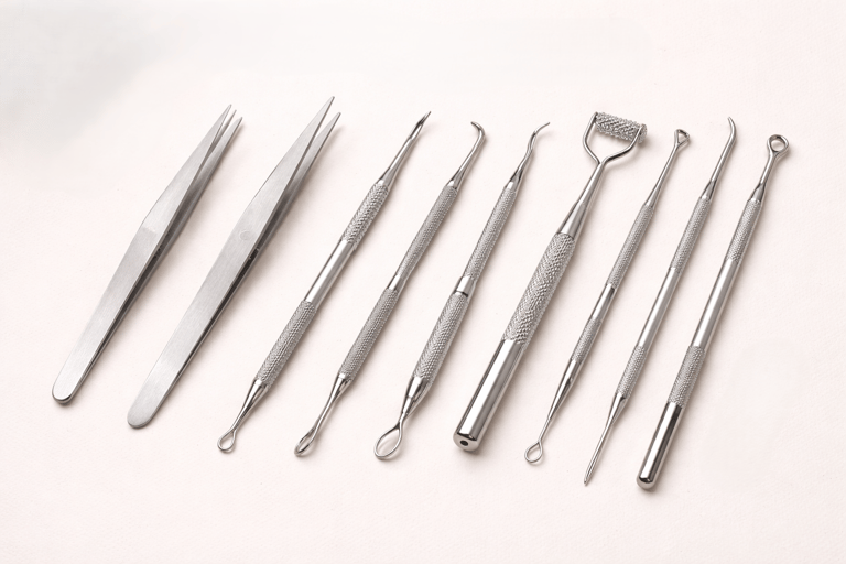 Beauty instruments such as tweezers, extractors, and spatulas on a white background.