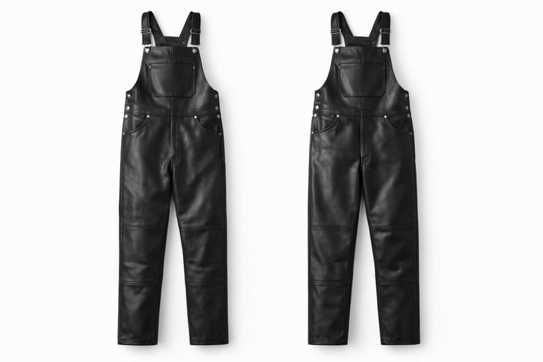 Black leather overalls with adjustable straps for workwear use