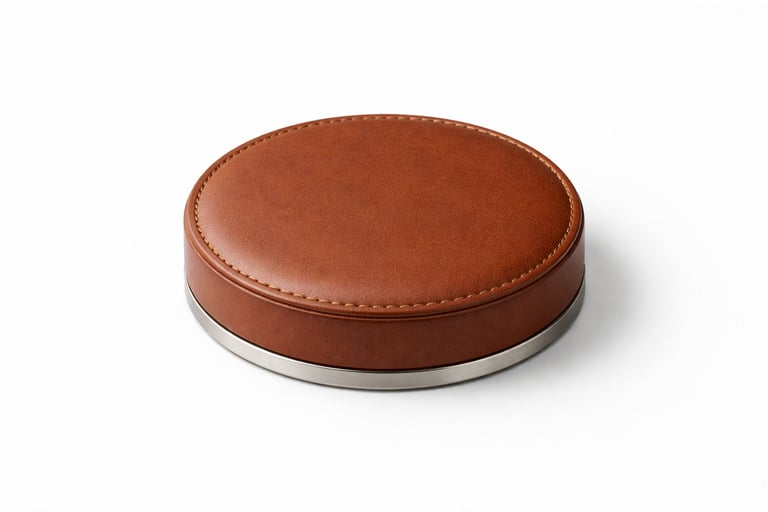 Round leather paperweight with smooth finish used to hold documents on office desks.