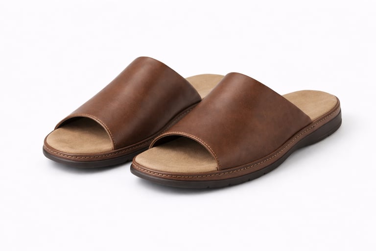 Brown leather slippers with open toe and soft footbed