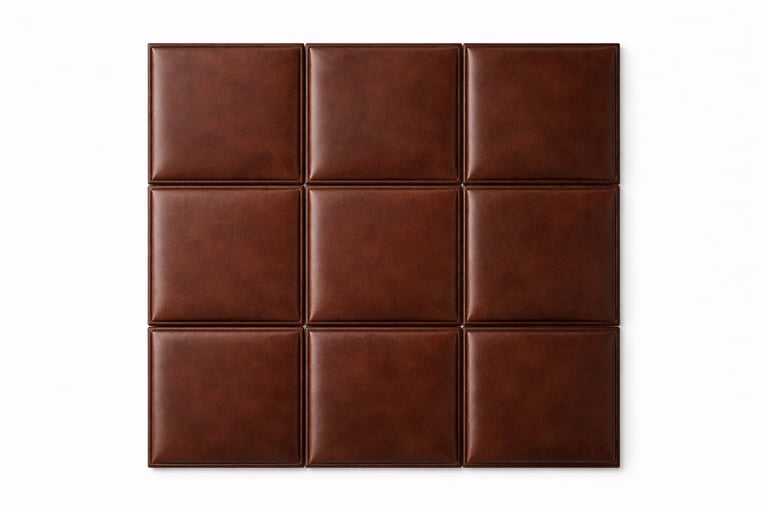 Padded leather wall panels arranged in square patterns for decorative interior wall covering.