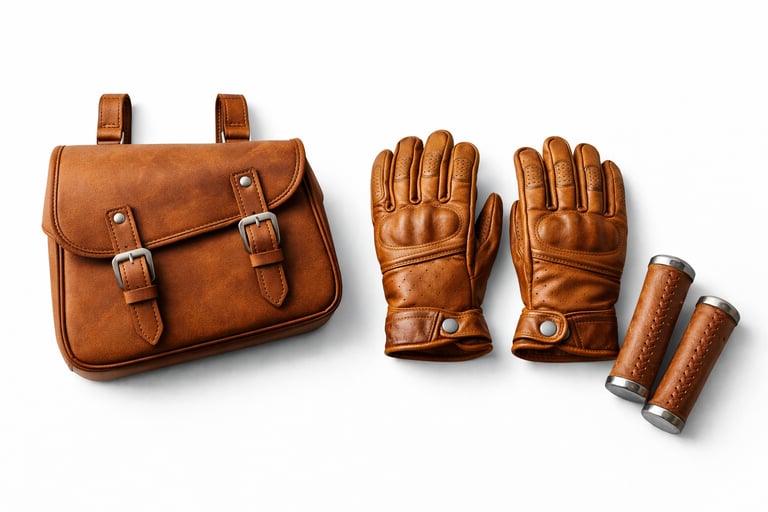 Motorcycle leather accessories including bags and gloves designed for riding use.