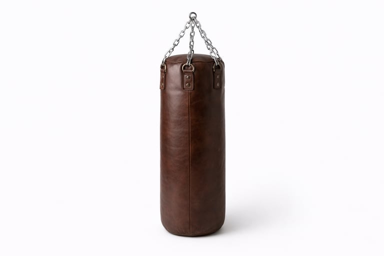 Leather punching bag with reinforced stitching for gym and professional training use.