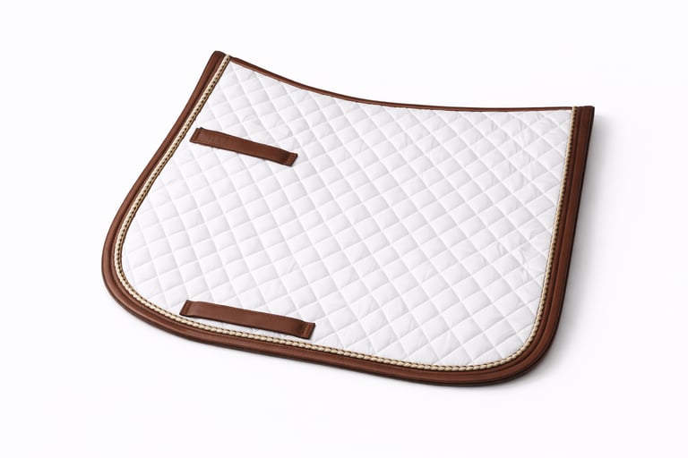 Quilted saddle pad with leather trim.