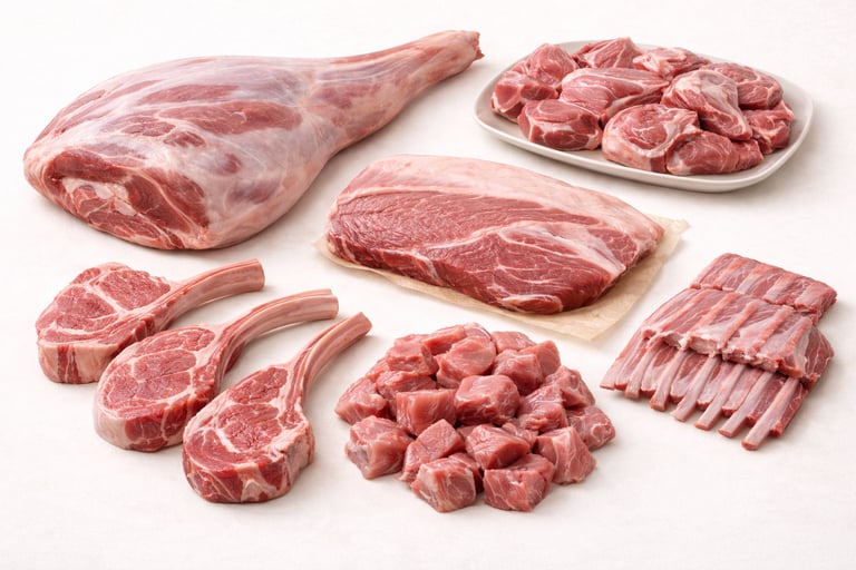 Export-quality sheep meat products including chops, leg cuts, and diced lamb