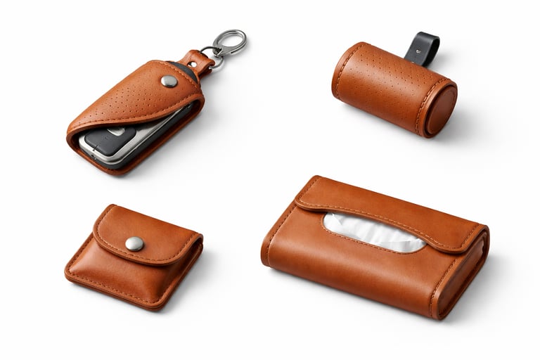 Small leather automotive accessories such as key covers and organizers for vehicles.