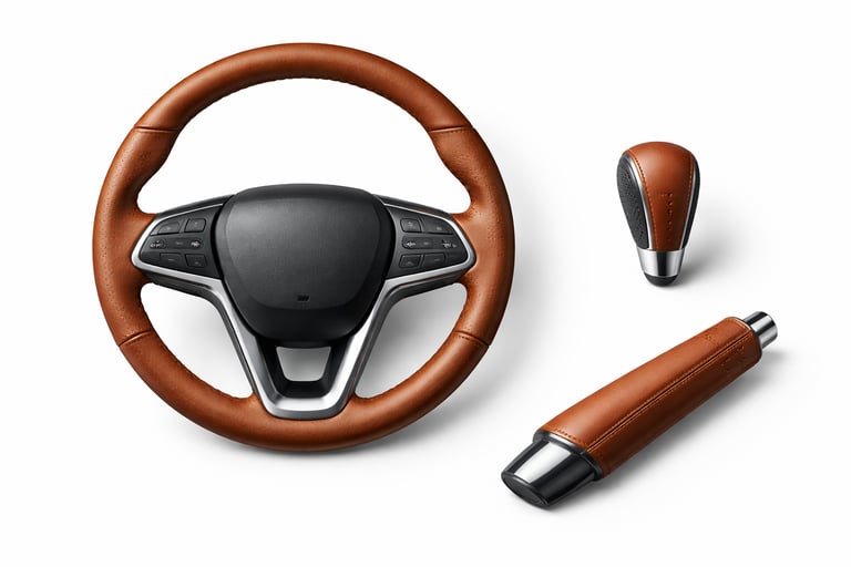 Leather steering wheel and control accessories designed for grip, comfort, and style.