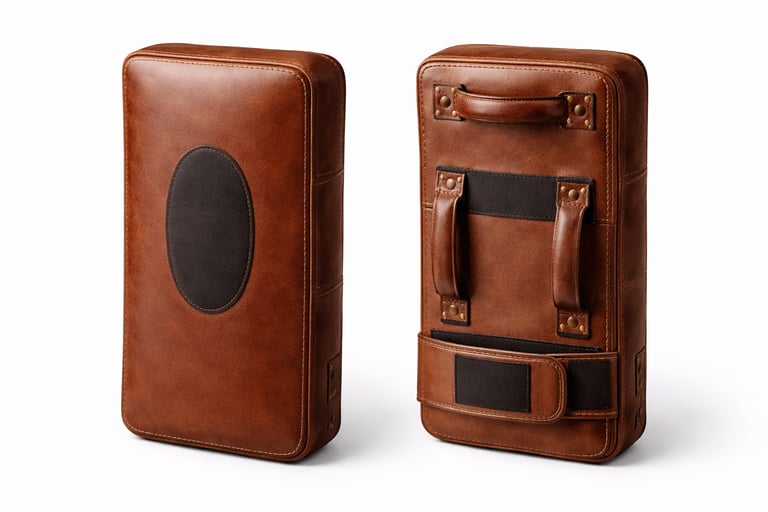Thick padded leather strike shields with handles for boxing and martial arts training.