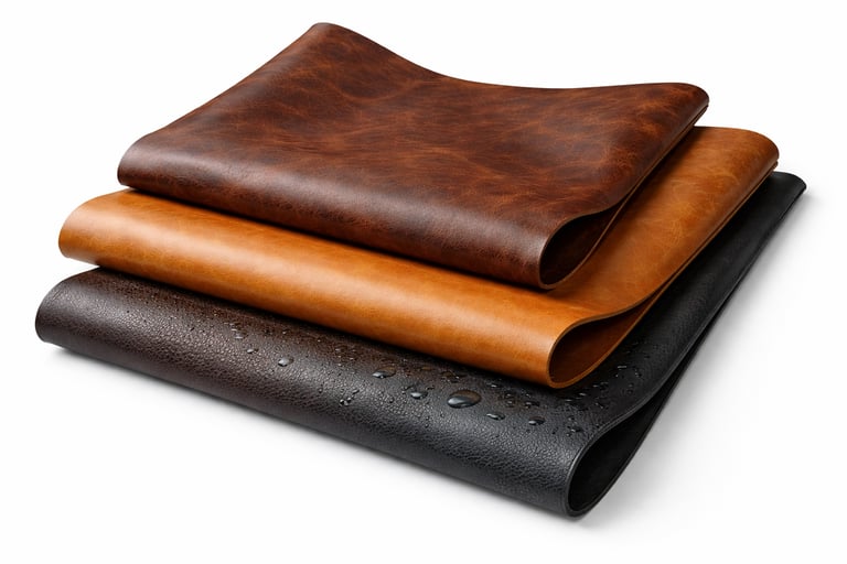 Tanned and treated leather sheets for manufacturing use.
