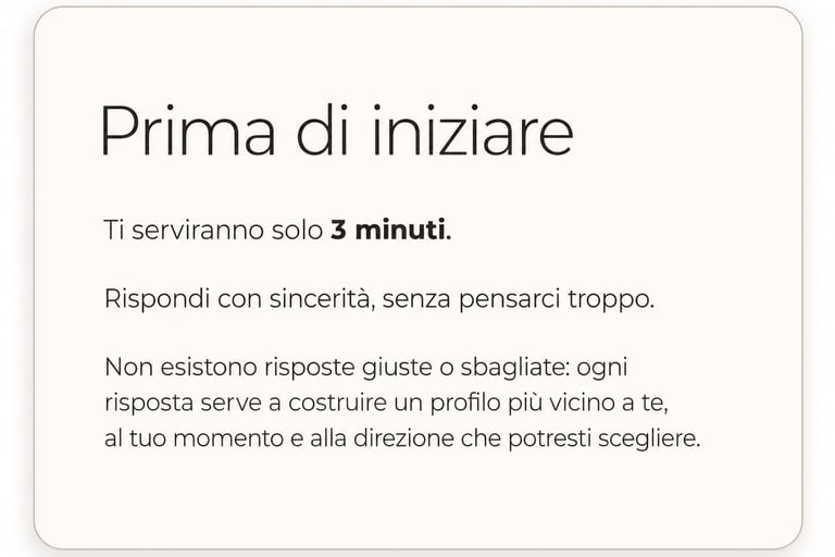 Card informativa prima di iniziare il test gratuito La Bussola Digitale per scoprire quale attività