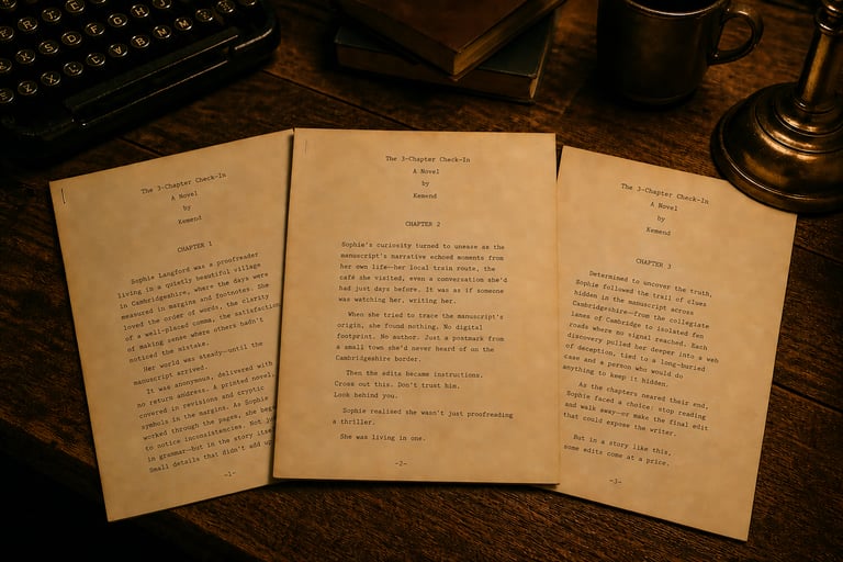 3 chapters of a manuscript fanned out on an old desk