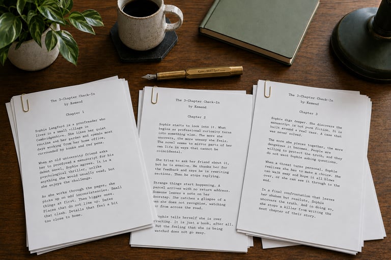 Three chapters of a manuscript fanned out on a wooden desk