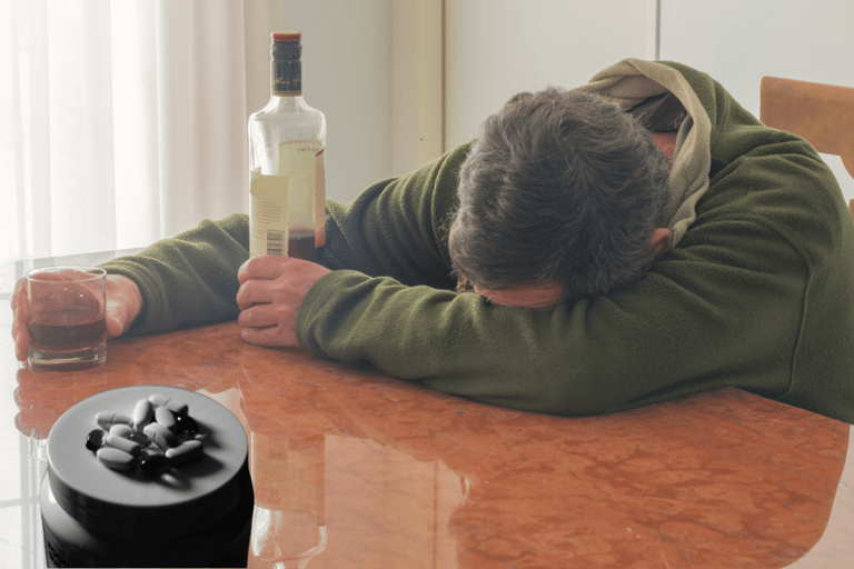 A man sitting at a table with a bottle of alcohol