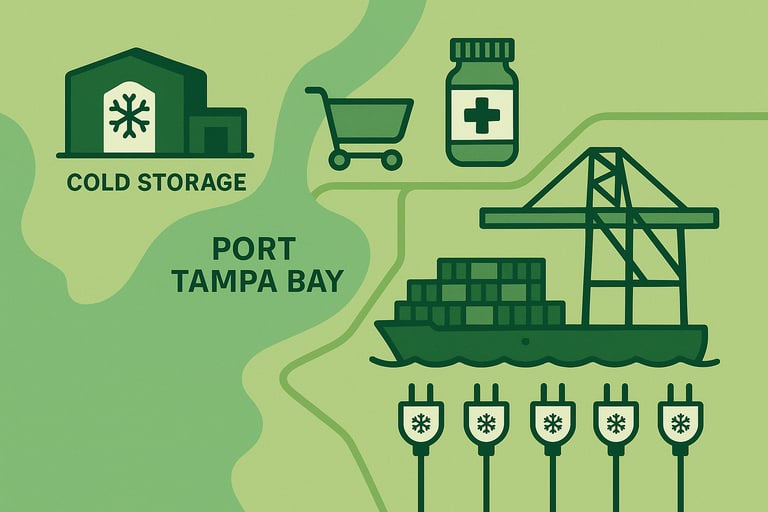 	Illustrated map of Port Tampa Bay cold-storage facilities and reefer infrastructure.