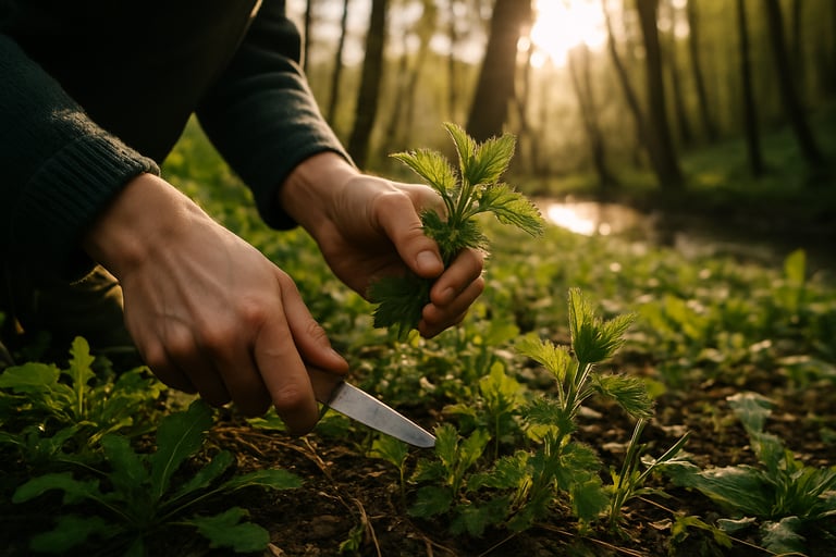 Harvesting wild herbs in forest clearing with survival knife and sunlight filtering through