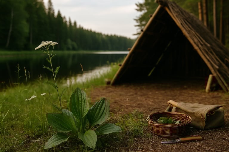 Broadleaf plant growing near lakeside campsite with foraged food and natural shelter in background