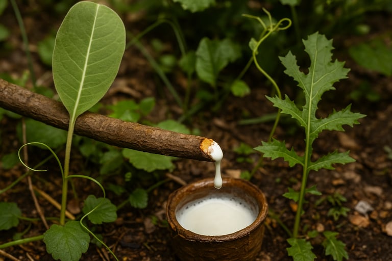 Tapping white plant sap into wood cup for wild foraging and survival use