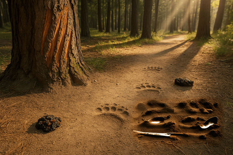 Animal tracks and bear scat near campsite warning of recent wildlife activity and potential danger in survival setting