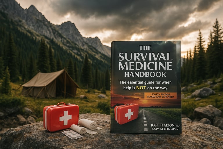 The Survival Medicine Handbook with med kits in a mountain campsite