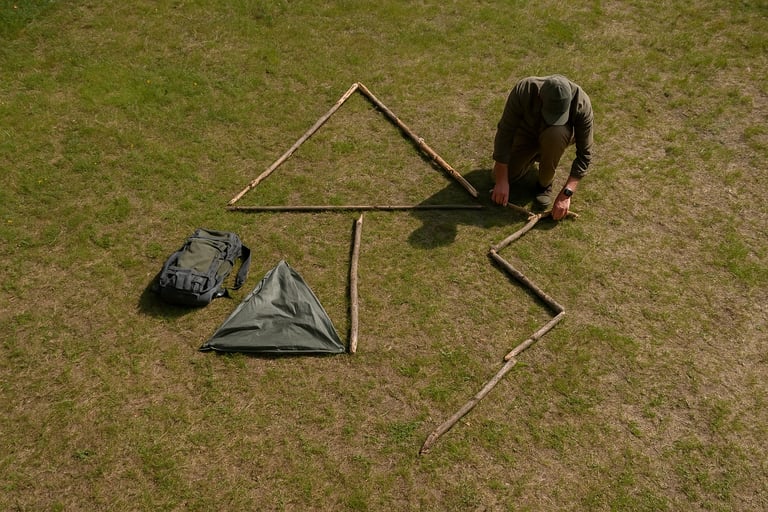 Person arranging sticks into survival symbol with tarp and gear laid out on grass