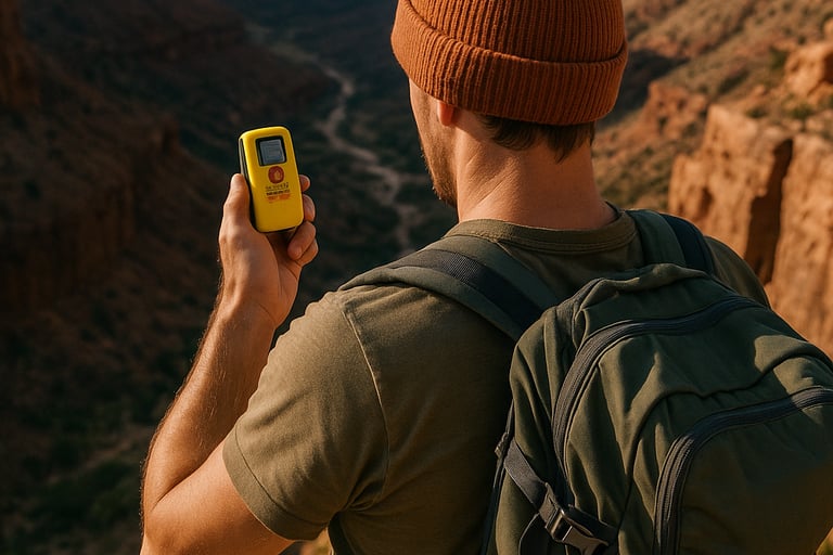 Man using GPS device while standing on rocky canyon trail