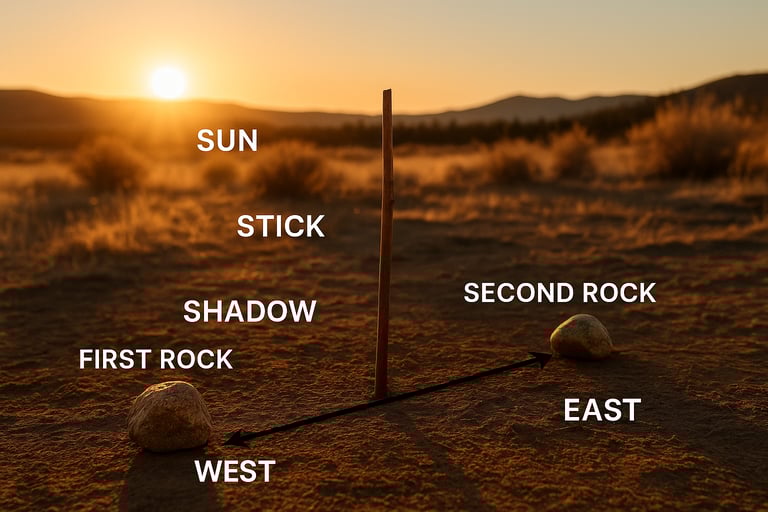 Shadow stick navigation diagram with sun and labeled directions for compass-free wilderness orientation