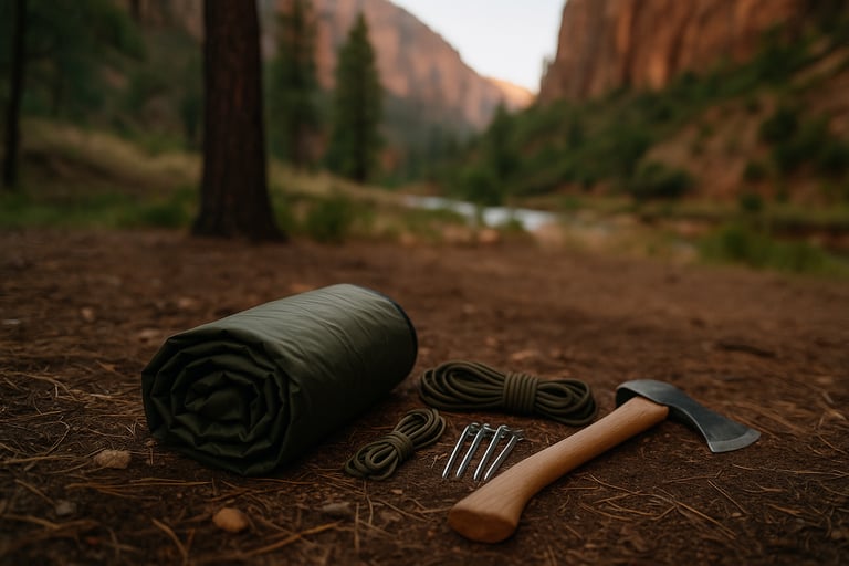 Survival tools and sleeping gear rolled out at forest campsite