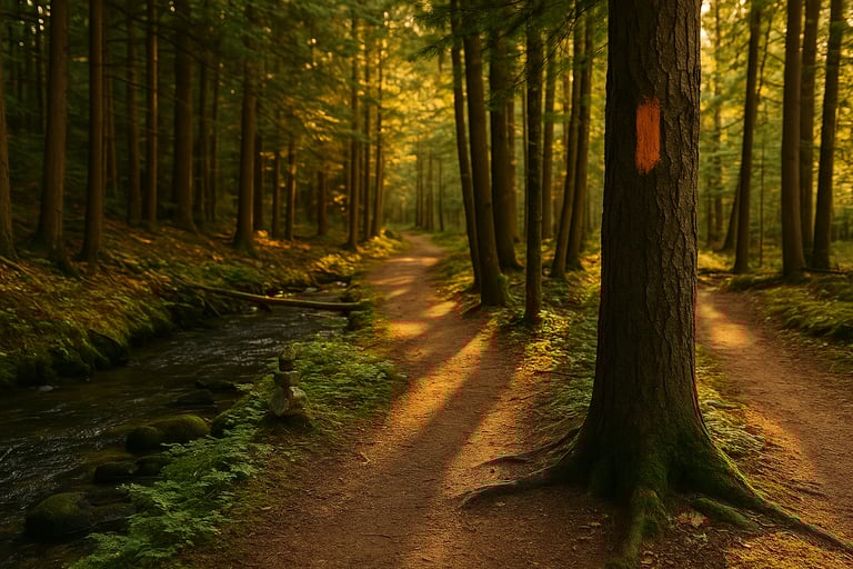 Trail marked with orange blaze on tree in forest, showing hiking route identification and trail safety