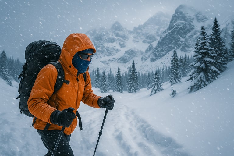 Winter backpacker trekking through snow-covered mountains in bright gear, showcasing cold weather survival and navigation