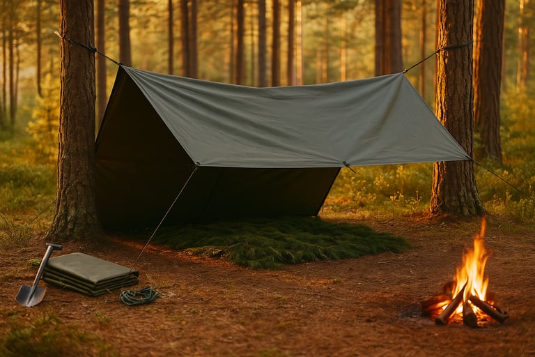 Tarp shelter in pine forest with fire pit, shovel, and survival gear for emergency camping and outdoor wilderness prep