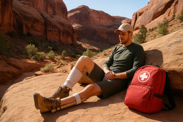 Injured hiker resting on desert rock with first aid kit demonstrating solo survival readiness in remote terrain