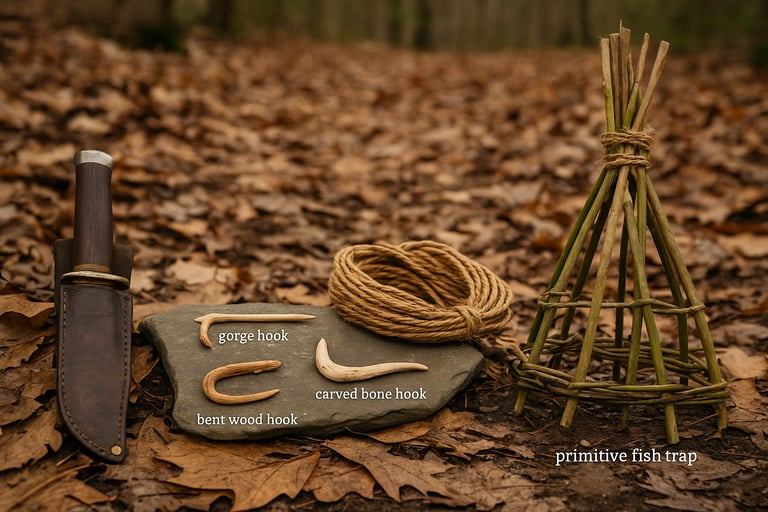 Primitive bushcraft fishing gear with bone hooks cordage stone knife and woven traps displayed on forest leaf ground