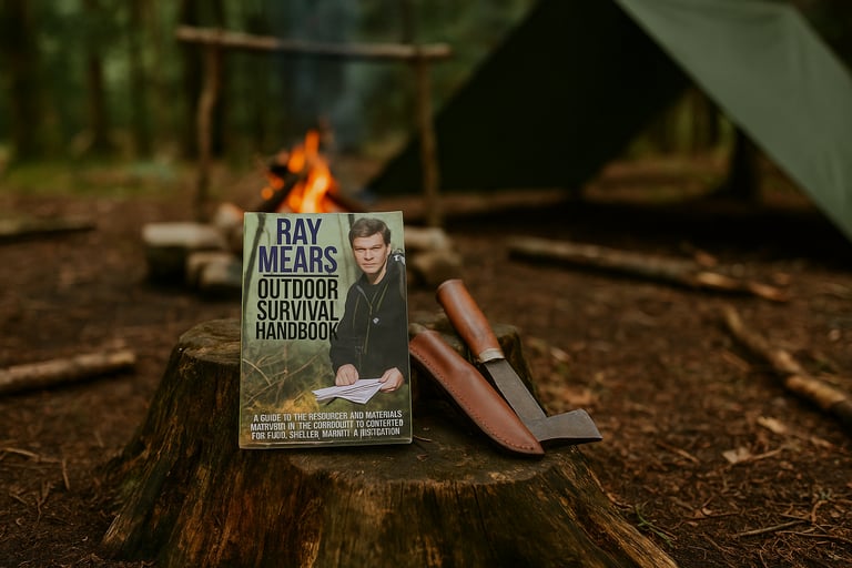 Ray Mears Outdoor Survival Handbook with firestarter tools by campfire