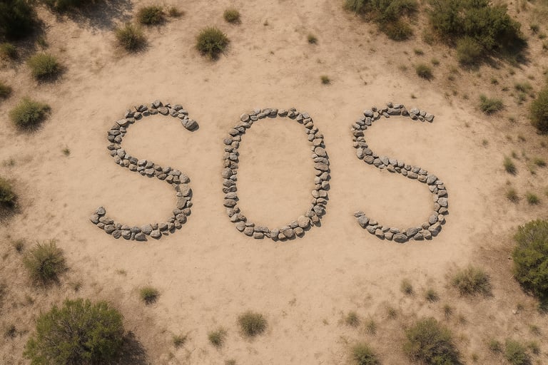 SOS spelled out with rocks in dry desert clearing for aerial search and rescue visibility