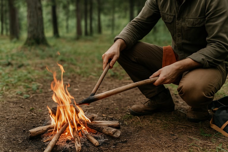  Starting fire in forest using flint and steel with small kindling and tinder