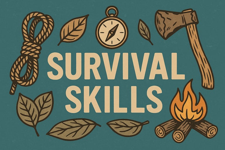 Survival skills category image with rope compass fire axe and leaves representing core wilderness training and bushcraft