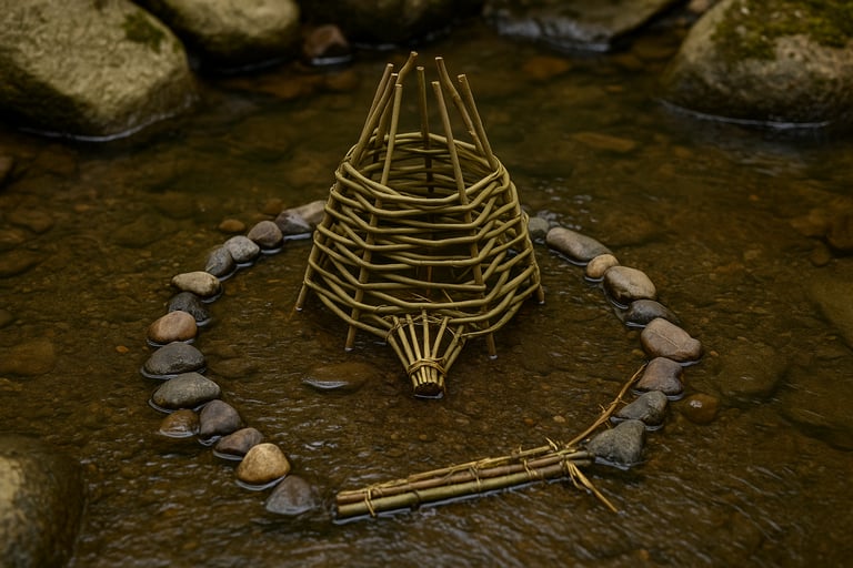 Handmade fish funnel trap secured with stones in stream showing primitive bushcraft fishing techniques in the wild