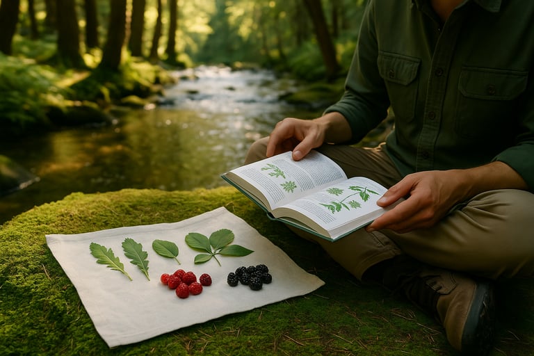 Forager referencing wild plant and berry field guide by forest stream for edible safety comparison