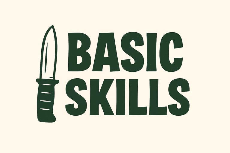 Basic Survival Skills section banner with knife icon — fundamental wilderness skills, bushcraft basics, prepping knowledge