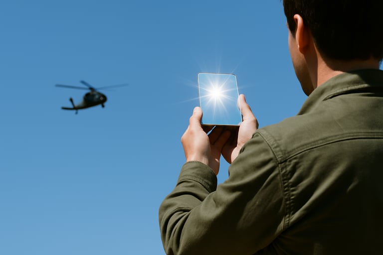 Man flashing smartphone at helicopter for signaling rescue using sunlight reflection