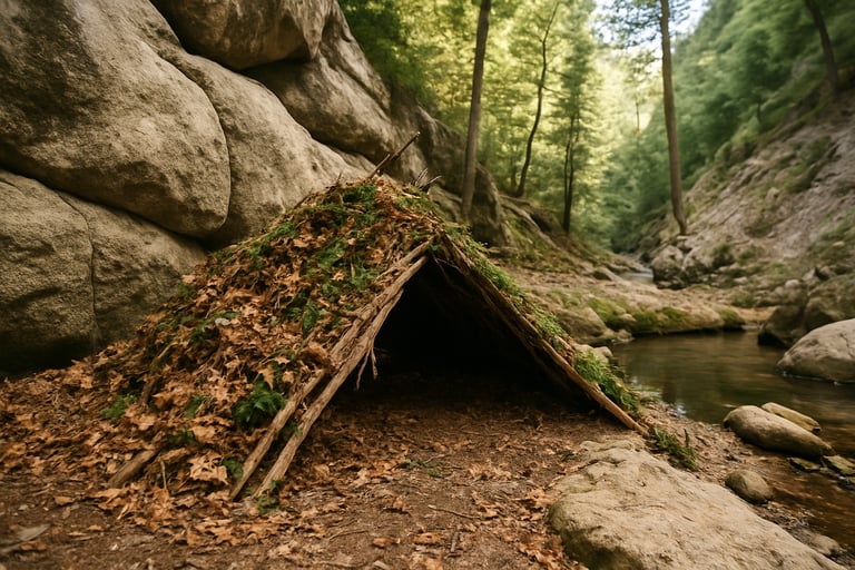 Natural debris hut | A-Frame shelter built near water source