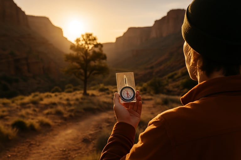 Compass and notepad in golden desert canyon light symbolizing outdoor navigation and survival journaling