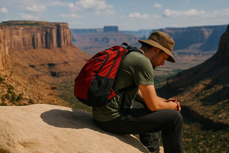 Backpacker resting at cliff edge in desert canyon, solo travel moment of reflection during remote wilderness survival