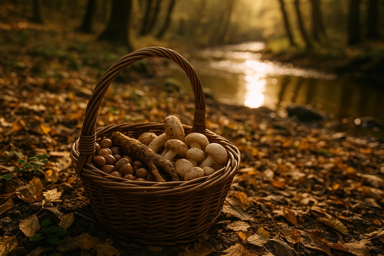 Basket full of foraged mushrooms set near forest creek, emphasizing wild edible gathering and fungi ID